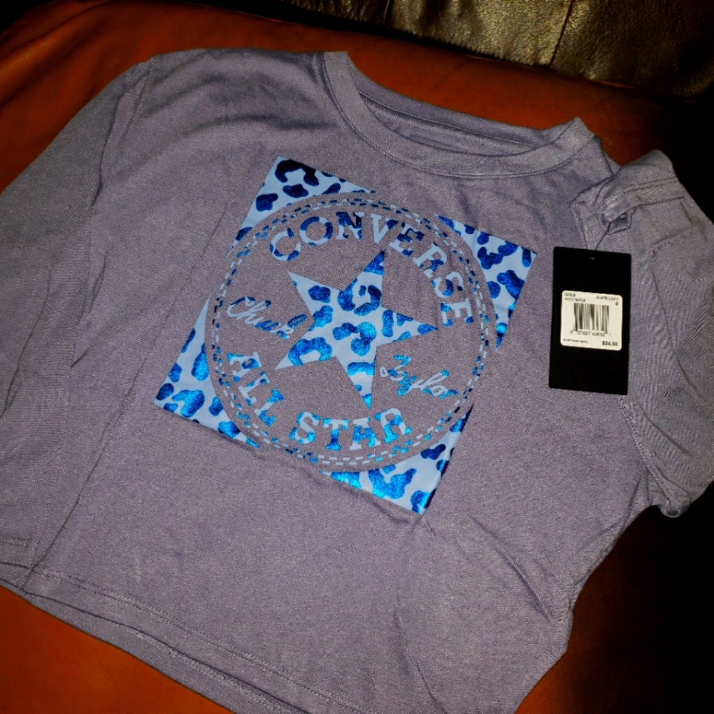 Brand New GIRLS Converse Ls Crop TEES Lilac w/metallic blue leopard